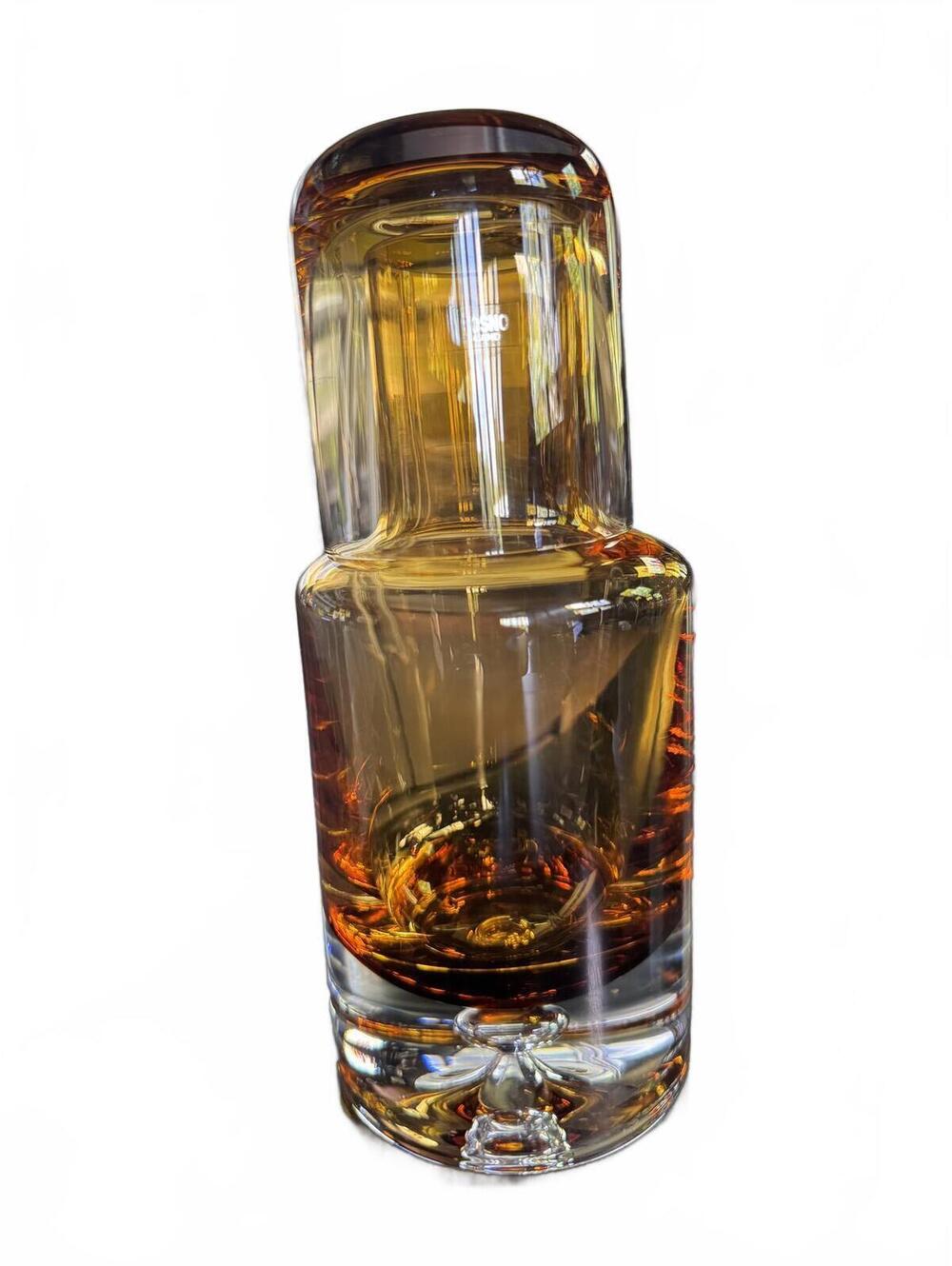 Vintage Krosno Poland Amber Glass Bedside Water Carafe Tumble Up Bubble Base MCM